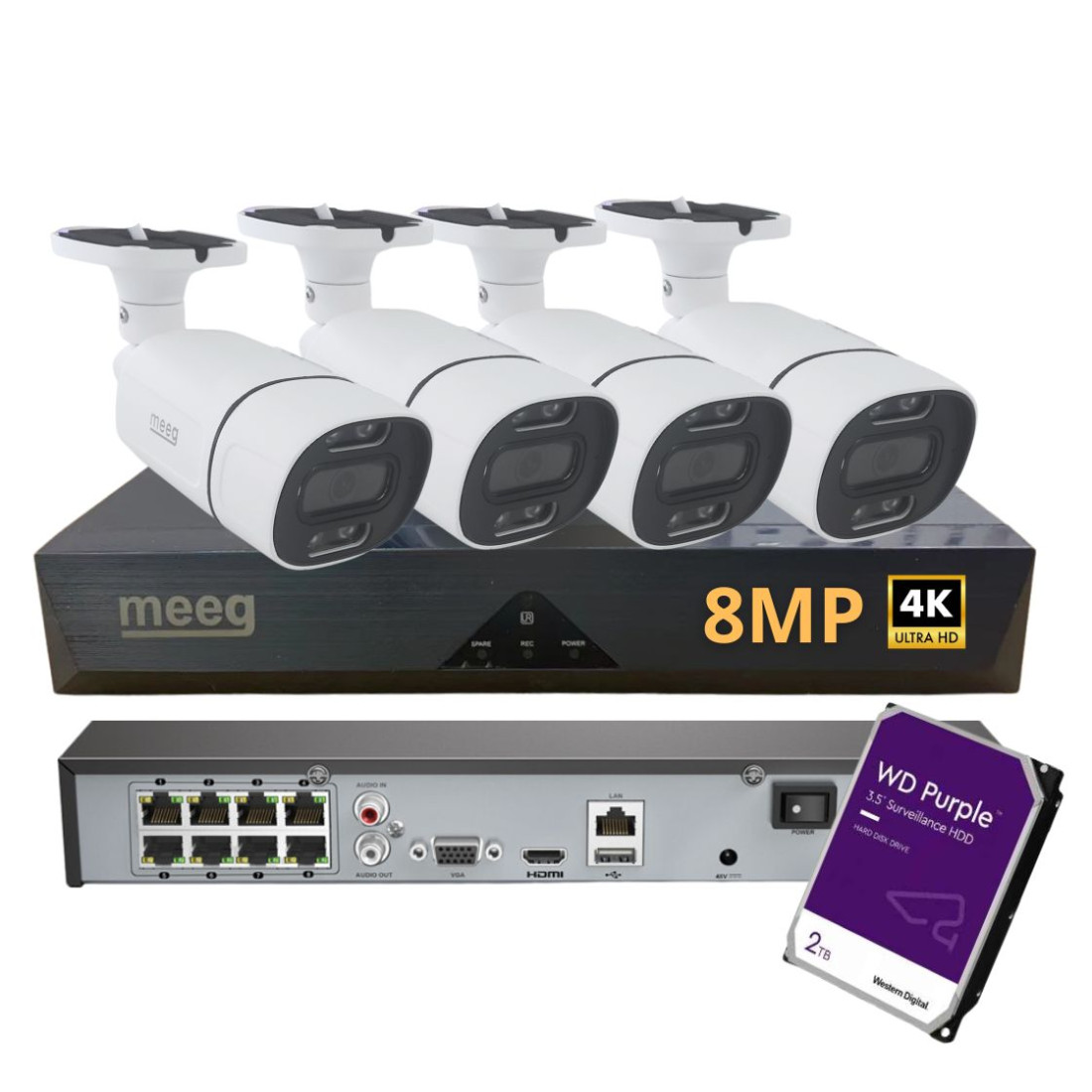 Meeg Kit Câmaras de Vigilância POE 8MP 4K Interior/Exterior - MGK408B