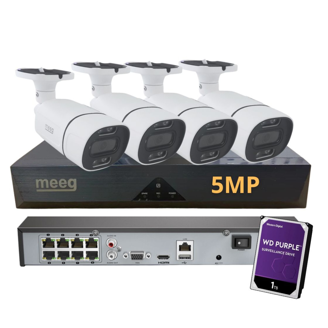 Meeg Kit Câmaras de Vigilância POE 5MP Interior/Exterior- MGFKP02B