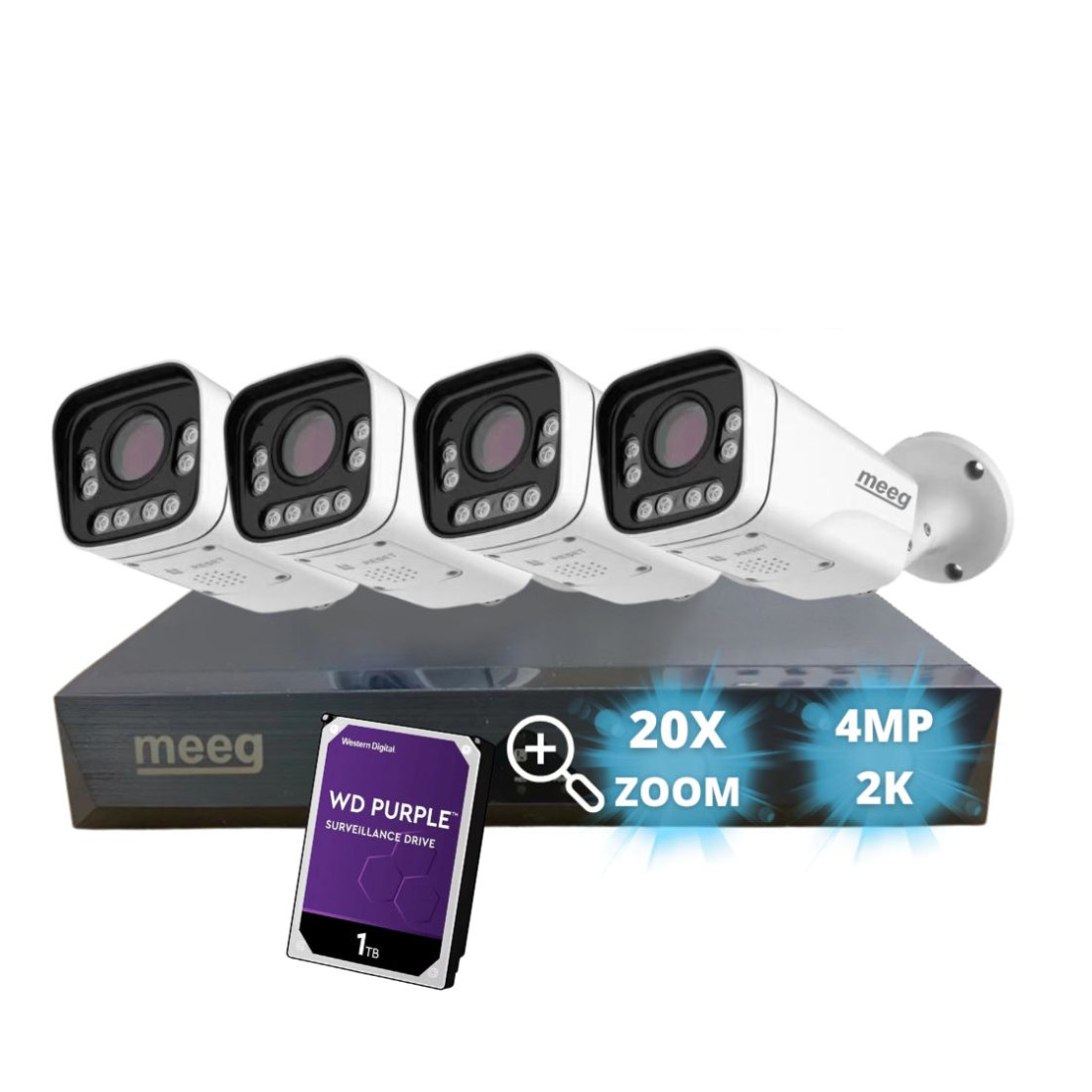 Kit Câmaras de Vigilância POE 4MP 2K 20X Zoom Exterior- MGKP0420X